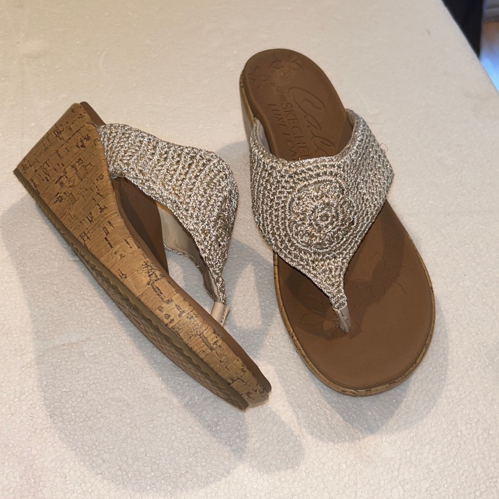 Skechers Silver Wedge Thong Sandals with Cork Heel